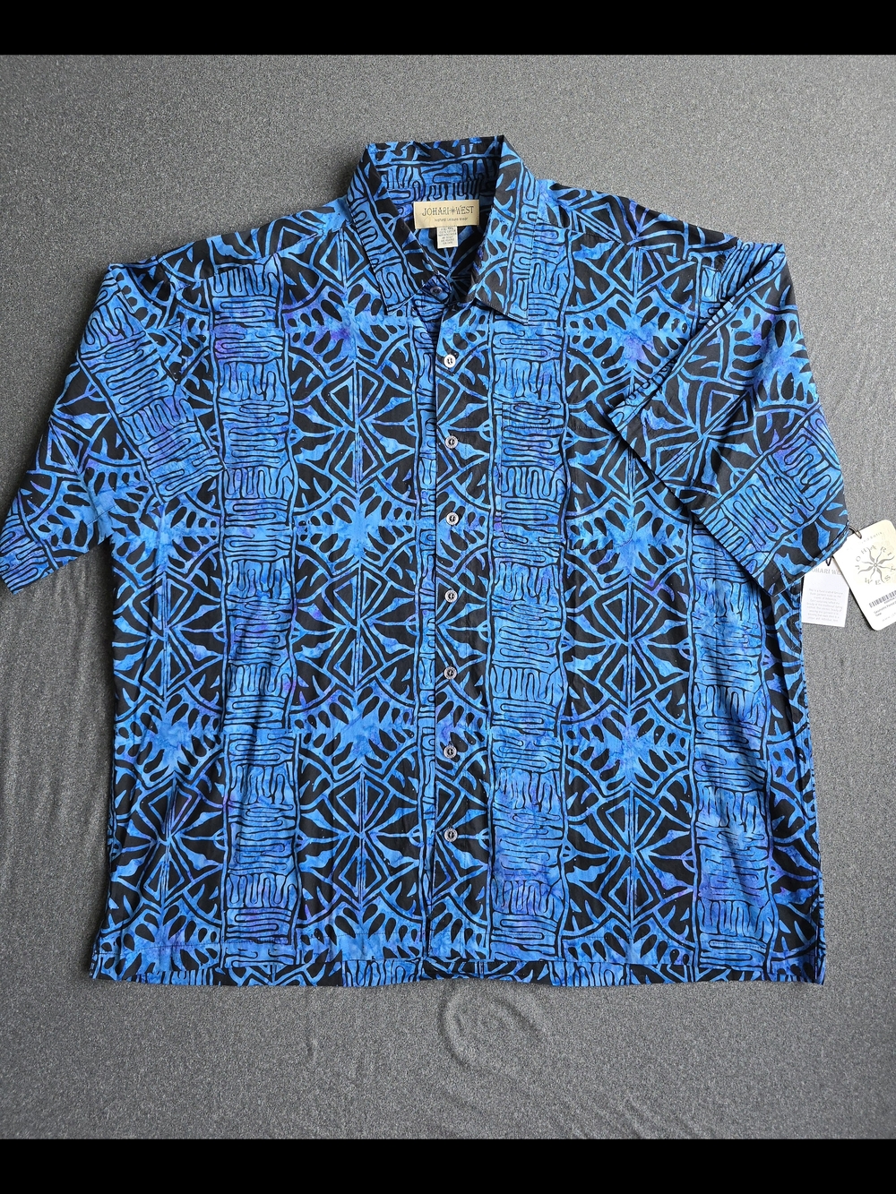 Johari West Hawaiian Shirt Size 4XL Blue Indigo Geometric Forest Tribal Pleated